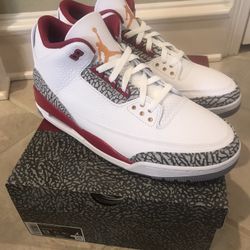 Jordan 3 Retro Cardinal Red. Sizes 13, 11, and 7