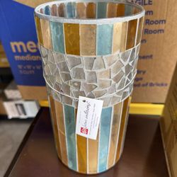 Hurricane Cut Glass Candle Holder - PillarBrown, Lt Blue