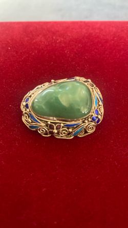 Antique silver filigree and enameled jade brooch
