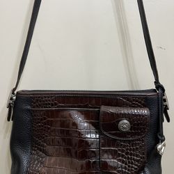 Brighton Vintage Black Pebble And Tobacco Croc Embossed Leather Crossbody Handbag With Dust Cover