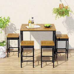Voohek 5-Piece Outdoor Patio Dining Set with Foldable Acacia Wood Bar Table Top and 4 Square Stools for Backyards, Porches, Gardens and Poolside, Brow