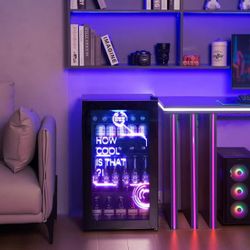 HCK Gaming Mini Fridge 126 Can, Gaming Fridge with Cyberpubk RGB LED Lights, Small Beverage Fridge with Glass Door, Mini Fridge for Gamers, Game Room,