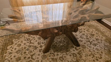 Stunning Teak Root Base Dining Table with Modern Tempered Glass Top
