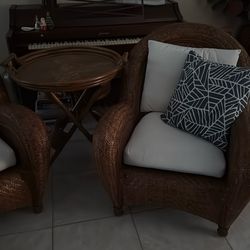 Pottery barn, rattan chairs with cushions and side table