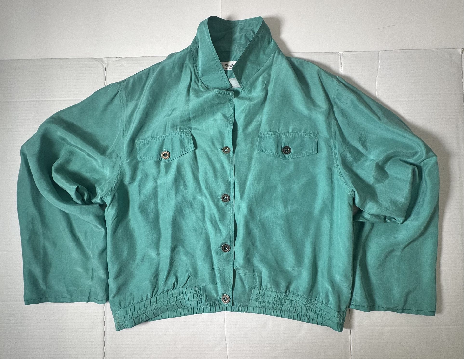 Pre Owned Excellent Fern Mark Bomber Jacket Baggy Sleeves Italy Thin 100% Silk Teal Green See Measurement Photo For Sizing