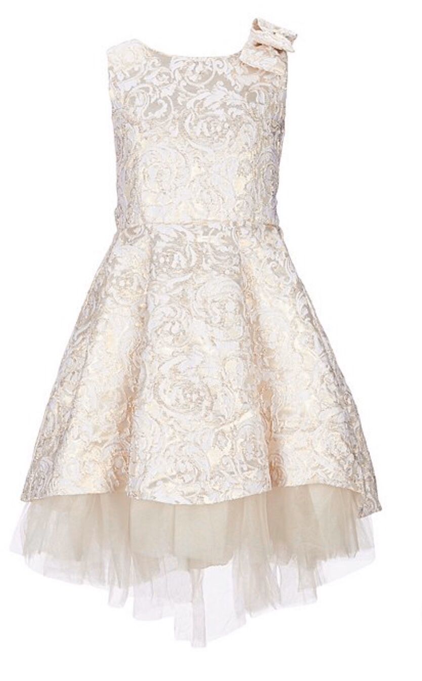 Ivory and Gold Metallic Jacquard Hi-Low Formal or Flower Girl Dress