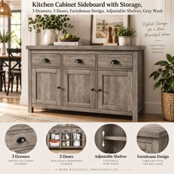 Kitchen Cabinet Sideboard with Storage, 3 Drawers, 3 Doors, Farmhouse Design, Retro Handle, Adjustable Shelves, Grey Wash
