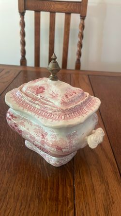 Red Transferware mini tureen with lid-Vintage