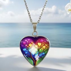 Necklaces Tree of Life Necklace with Glass Cabochon Heart & Tree of Life Pendant - Stainless Steel Jewelry, Durable Chain for Daily Wear, Parties, Gif