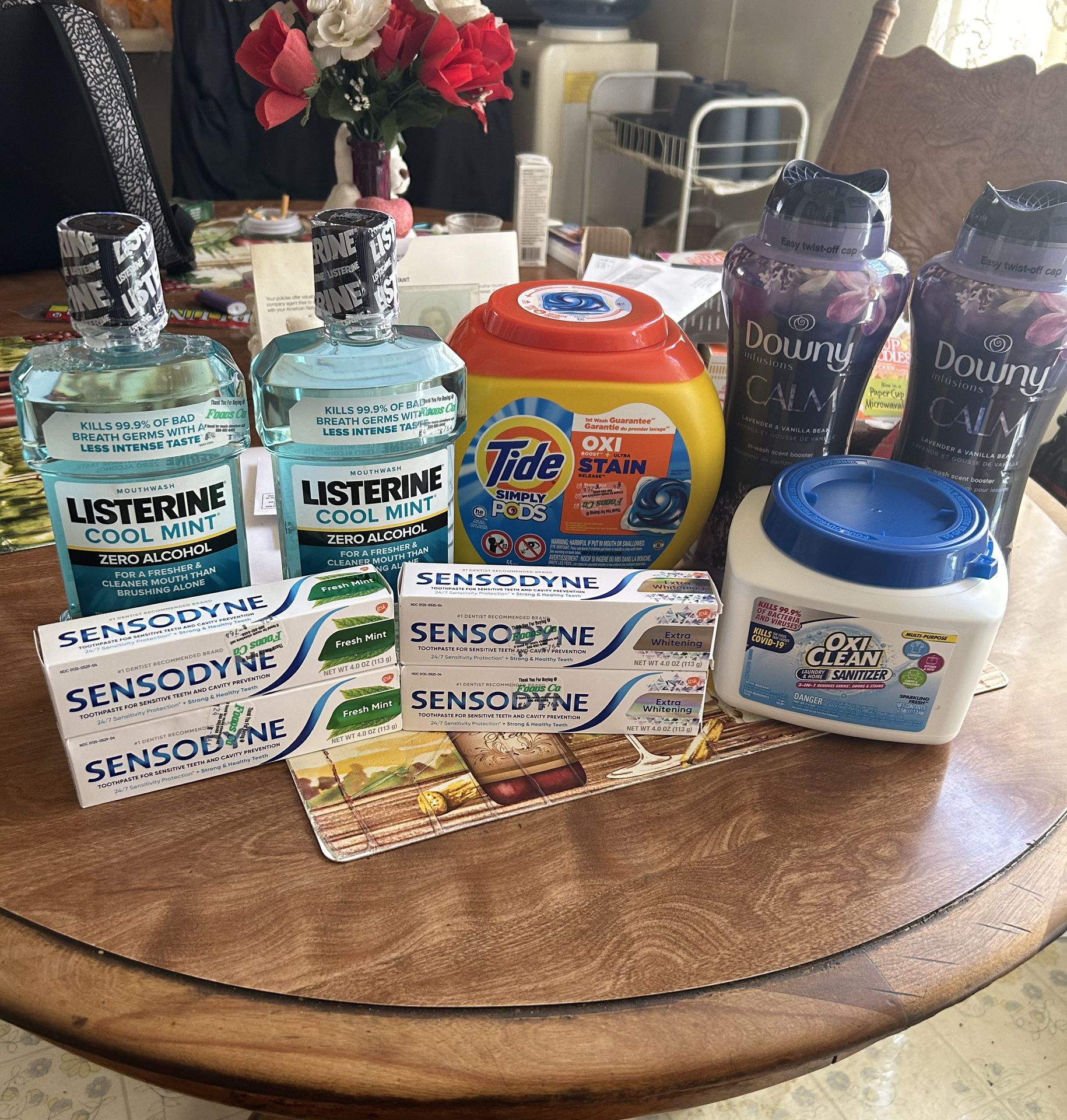 Listerine Mouthwash, Toothpaste, Tide Pods, Downy Scentbeads, OxiClean Sanitizer 