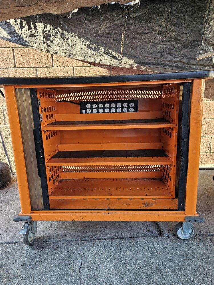 mobiLAB Heavy Duty Industrial Rolling Mobile On Wheels Tool Box Toolbox Cart Workbench Cabinet Metal With Wood Top And Slide Side Doors