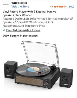 Vinyl Record Player with 2 External Passive Speakers, Black Wooden Patented Design,Belt-Drive Vintage Turntable,Bookshelf Speakers, 3 Speed,BT Wireles