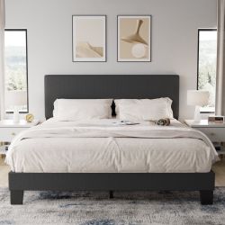 Lifezone Queen Size Dark Gray Upholstered Bed with Adjustable Headboard, Fabric Platform Bed Frame，$100 brand new in box Number 0147 Warehouse Address