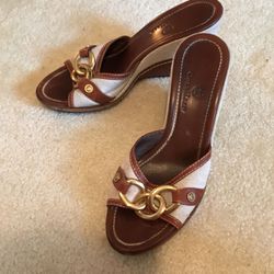 Cole Haan Sand Beige Canvas Light Brown Leather Wedge Heels With Gold Buckle (7.5)