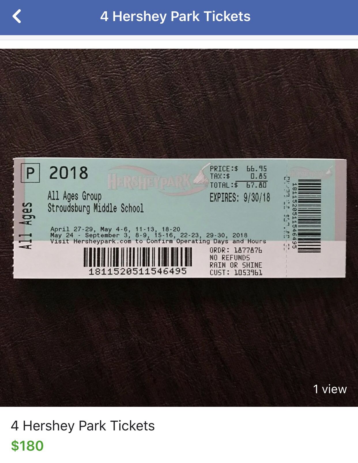 3 Tickets to Hershey Park