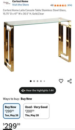 Cortesi Home Laila Console Table Stainless Steel Glass, 15.75" D x 47" W x 30.5" H, Gold,Clear