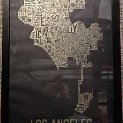 Framed Los Angeles Neighborhoods Map Art Screen Print, Black & Gold, 20" x 30" in Black Frame