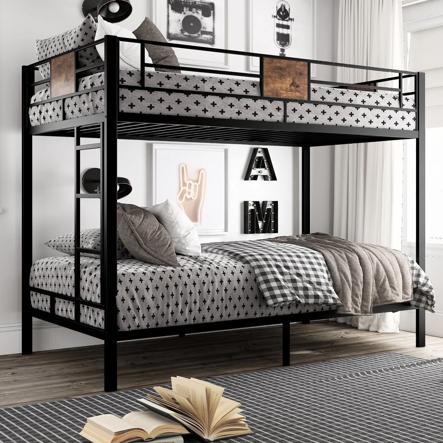 Black Bunk Bed with Ladder for Kids