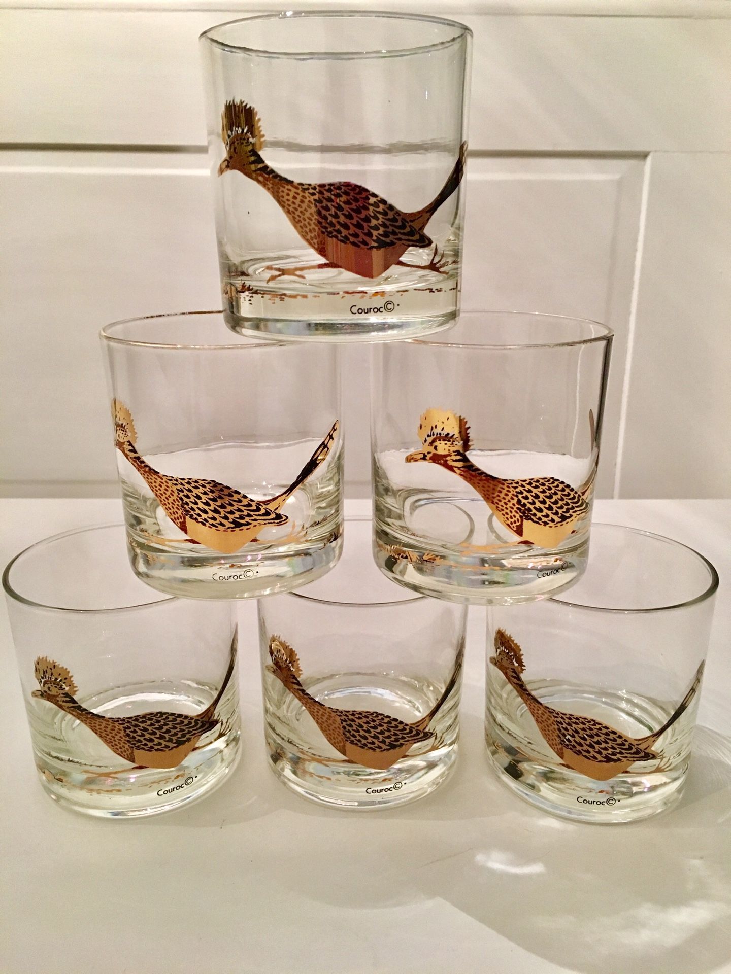 Set of 6 MCM Vintage Couroc Roadrunner Tumbler Glassware