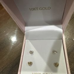 2 Set Babies/Infants/Women 10k Yellow Gold Round CZ And Heart Earrings