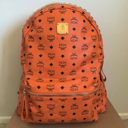 MCM Orange Visetos Top Studded Stark Large Backpack 100% Original|Authentic 