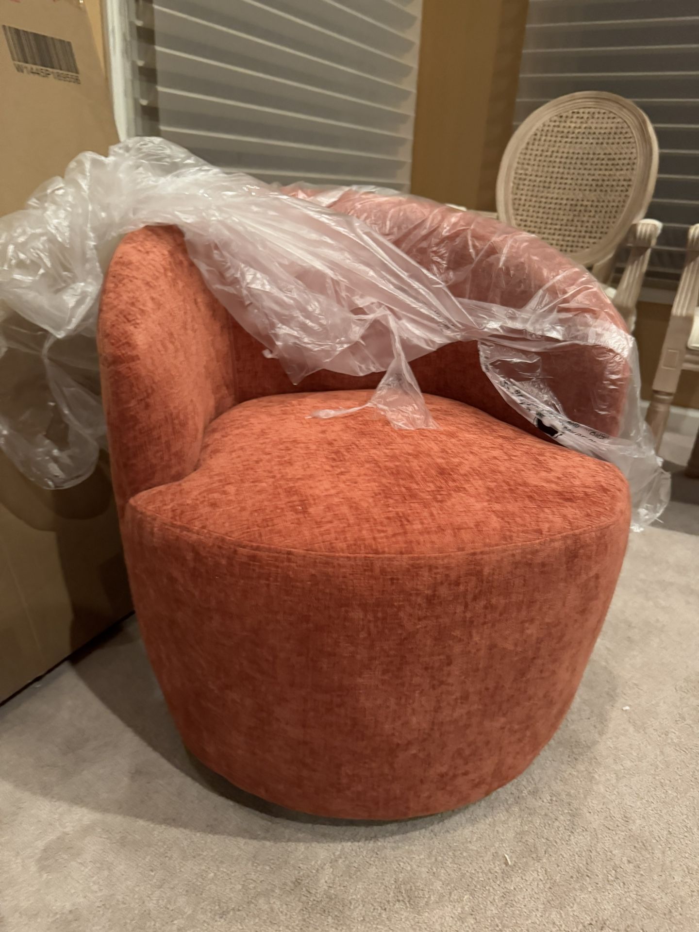 Streamdale Furniture Chenille Fabric Swivel Accent Armchair Barrel Chair With Black Powder Coating Metal Ring, Orange