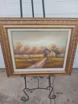 Vintage framed farm barn oil on canvas painting signed Appel