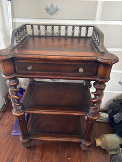 Vintage JOHN RICHARD large spindle side table/leather top 1 drawer 2 shelves good condition open to all offers