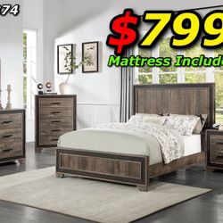 4pcs Queen Size Bedroom Set w. Mattress Included 