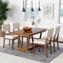 Set of 4 - Walnut Dining Chairs w/ Beige Cushions [NEW]  **Assembly Required  [CHAIRS ONLY / TABLE NOT INCLUDED]