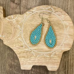 Handmade Boho Turquoise And Gold Beaded Earrings