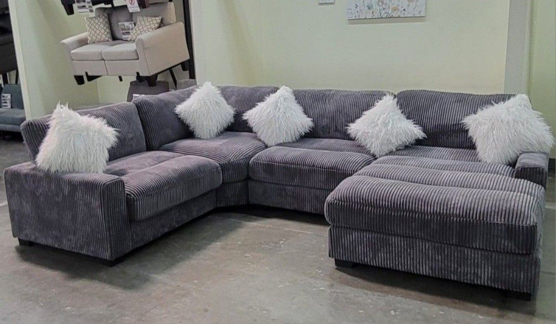 ✅️"4 pc grey wide welt cordury fabric upholstered modular sectional sofa with chaise"✅️✅️✅️