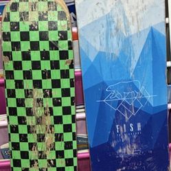 Fish Blue Longboard Deck & Green Checkerboard Skateboard Deck