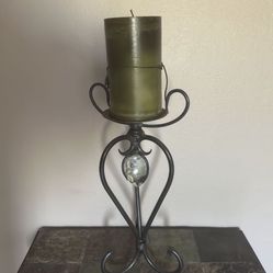 21” Tall Bronze Metal Candle Holder And Pillar Candle