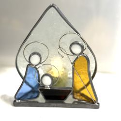 Vintage Stained Glass Nativity Scene Candle Holder Christmas Joseph Mary Jesus