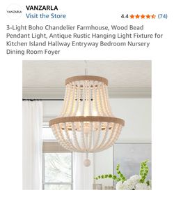 3-Light Boho Chandelier Farmhouse, Wood Bead Pendant Light, Antique Rustic Hanging Light Fixture for Kitchen Island Hallway Entryway Bedroom Nursery D