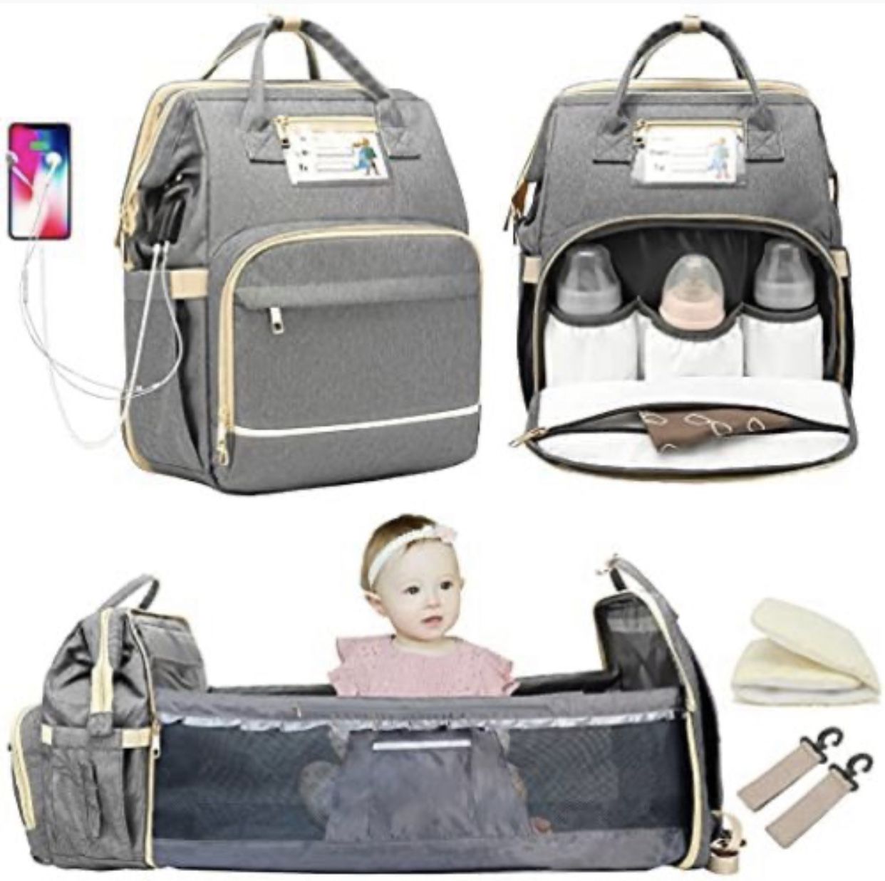 Granrouto Baby Diapers Bag Mommy Bag,Diaper Bags Backpack with Foldable Baby Crib,Portable Newborn Diaper Bag