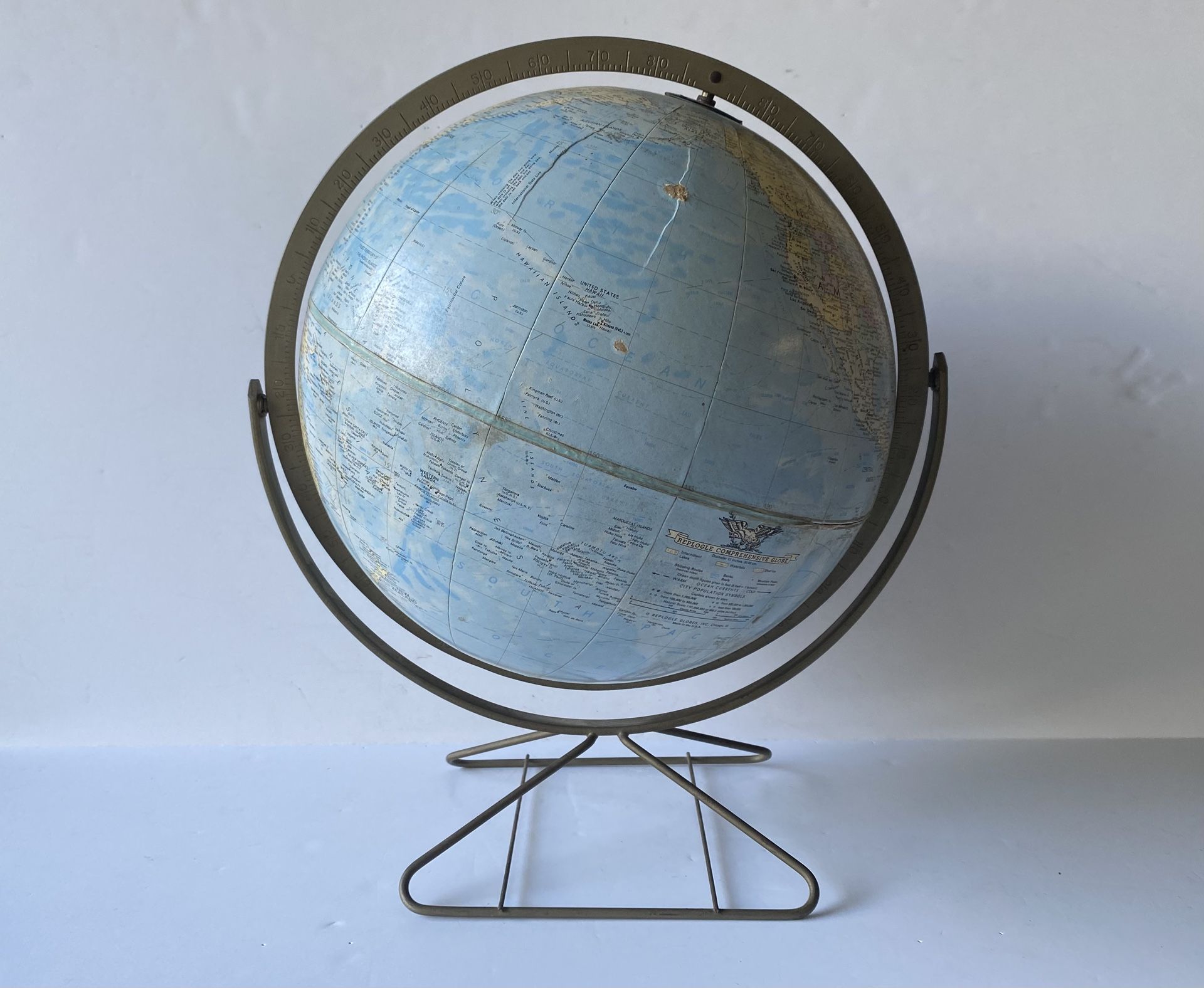 Vintage 12" Replogle Comprehensive World Globe with Rotating Double Axis Metal Frame