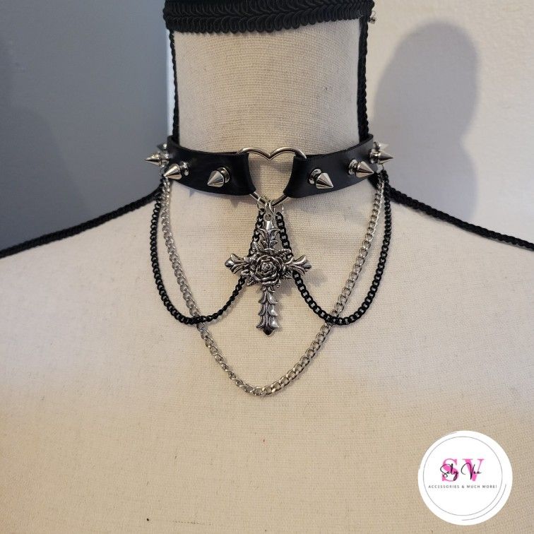 Black Spike Choker With Cross Dangle