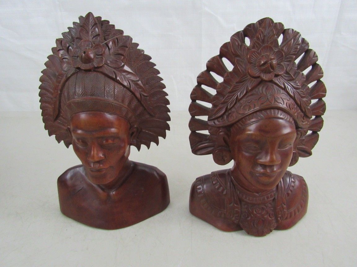 Vintage Klungkung Bali Indonesian Hand Carved Wooden Man & Woman Busts