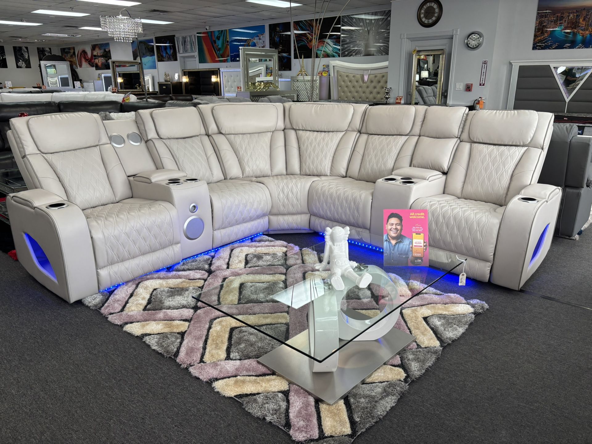 L-Shaped Luxury Sectional Couch For Sale(Diamond Stitch) W/ LED Lights And Built-in Bluetooth Speakers. 