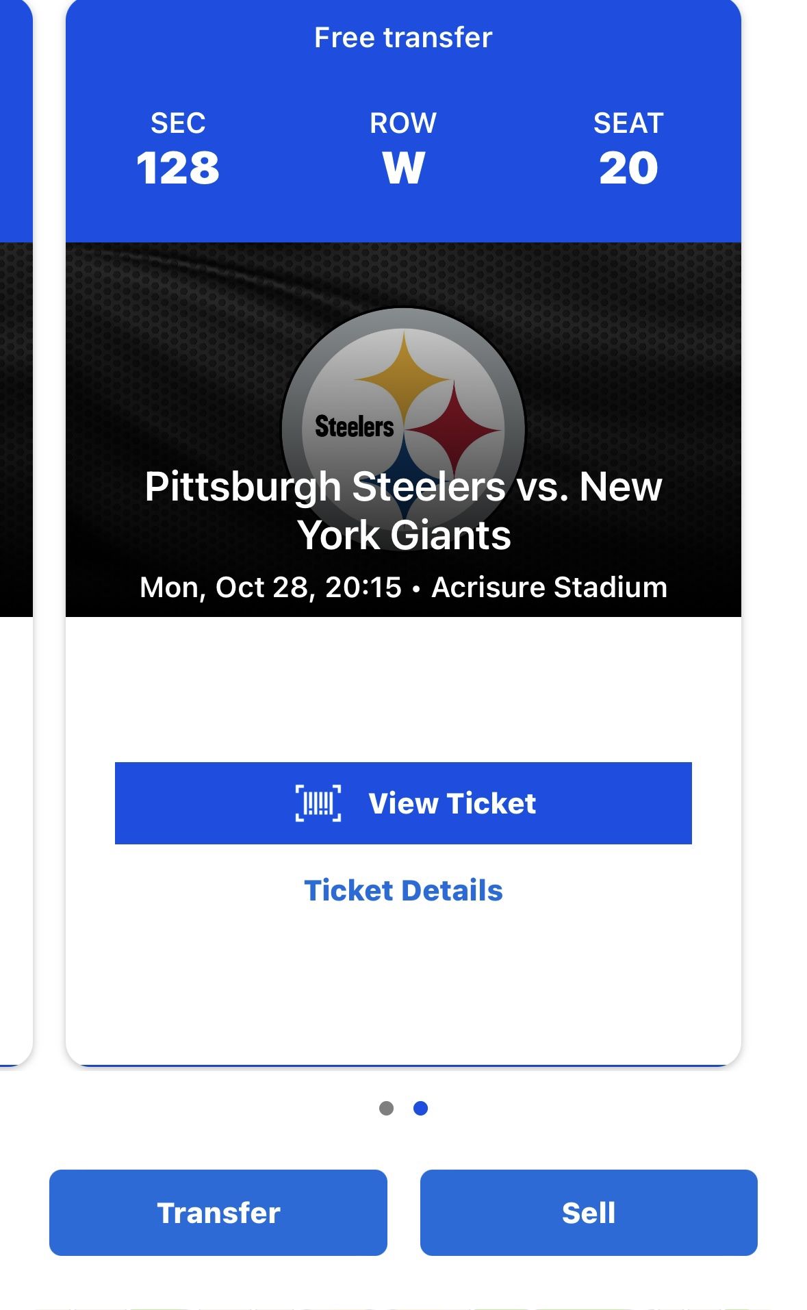 2 Tickets - Steelers (Home) vs NY Giants  Oct 28th