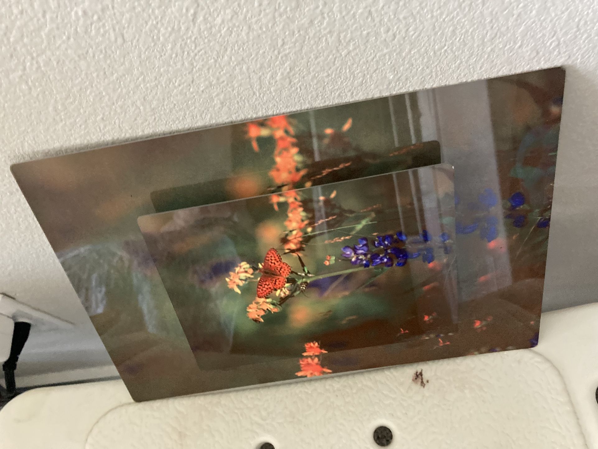 Vintage Metal Art Prints, Floral & Red Butterfly, handcrafted 0.75mm thick aluminum. 12”x8”