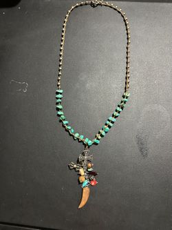 Gorgeous Multi Turquoise And Metal Cross Woven Leather Necklace With Multiple Charms 