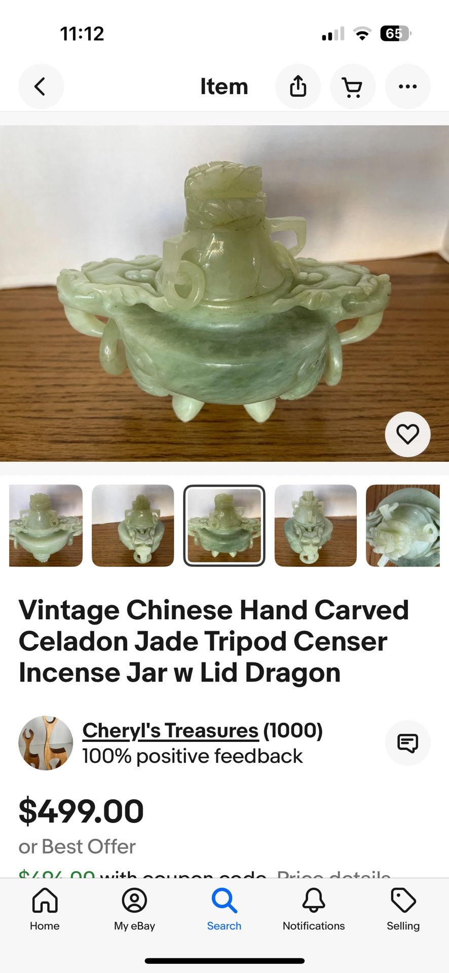 Vintage Chinese Hand Carved Celadon Jade Tripod Censer Incense Jar w Lid Dragon