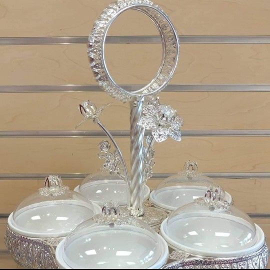 Condiment Dish / Sectional Serving Tray with Lids - $54.99 _ silver & white( NEW ) dinnerware, dessert