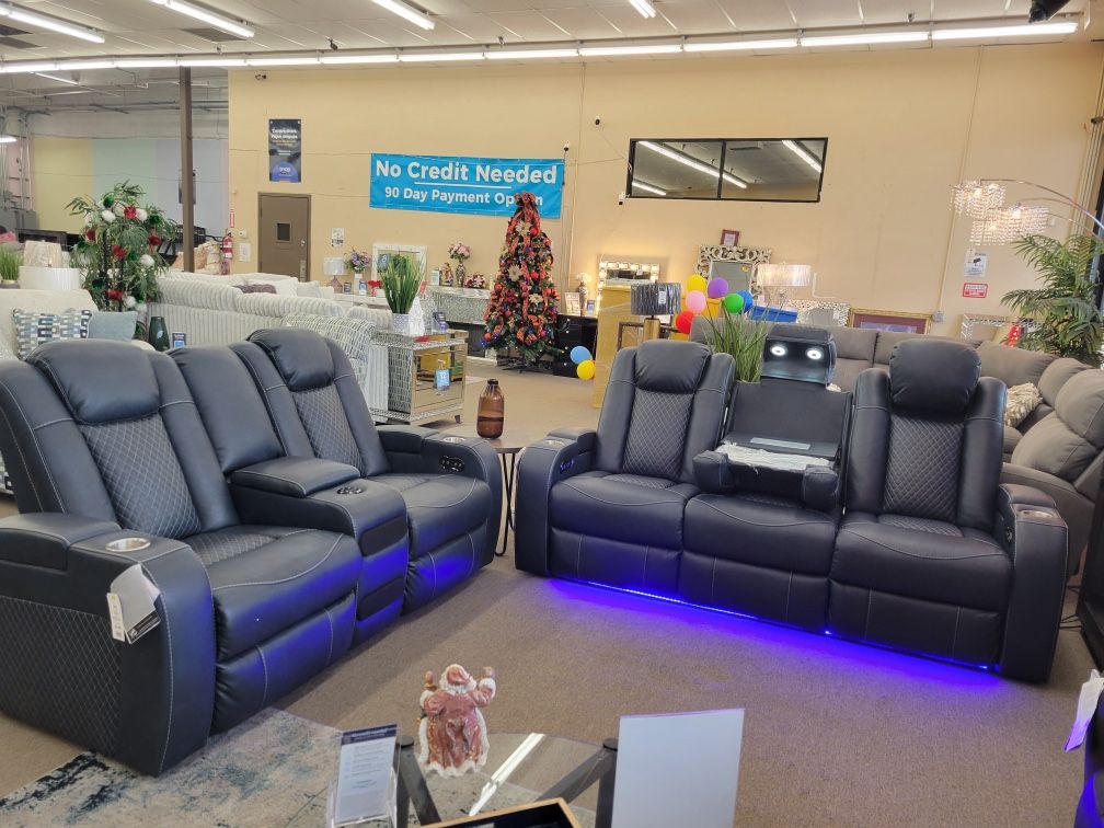 power sofa and love seat with blue lights, speaker and...