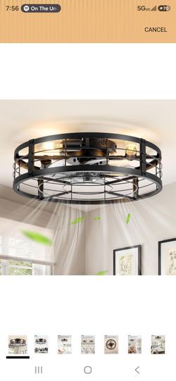 New  20" Caged Ceiling Fan with light and Remote, Low Profile Flush Mount Fandelier, Black Bladeless Enclosed Small Fan Ceiling Light Fixtures, Rustic