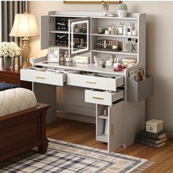 Vanity with Mirror and Adjustable LED Light Wooden Black and Gold Vanity with Glass Tabletop, Power Outlet, Storage Bag, 3 Drawers and 6 Storage Shelv