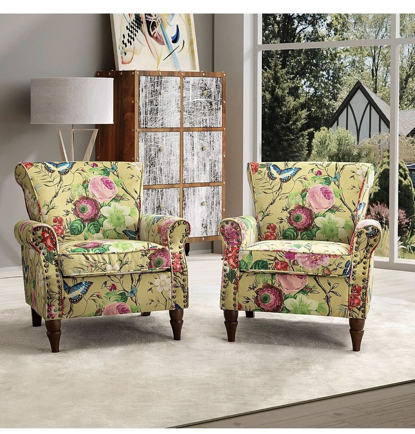 HULALA HOME Modern Wingback Accent Chairs Set of 2 with Wood Legs & Removable Cushion, Comfy Upholstered Armchairs with Nailhead Trim, Floral Pattern